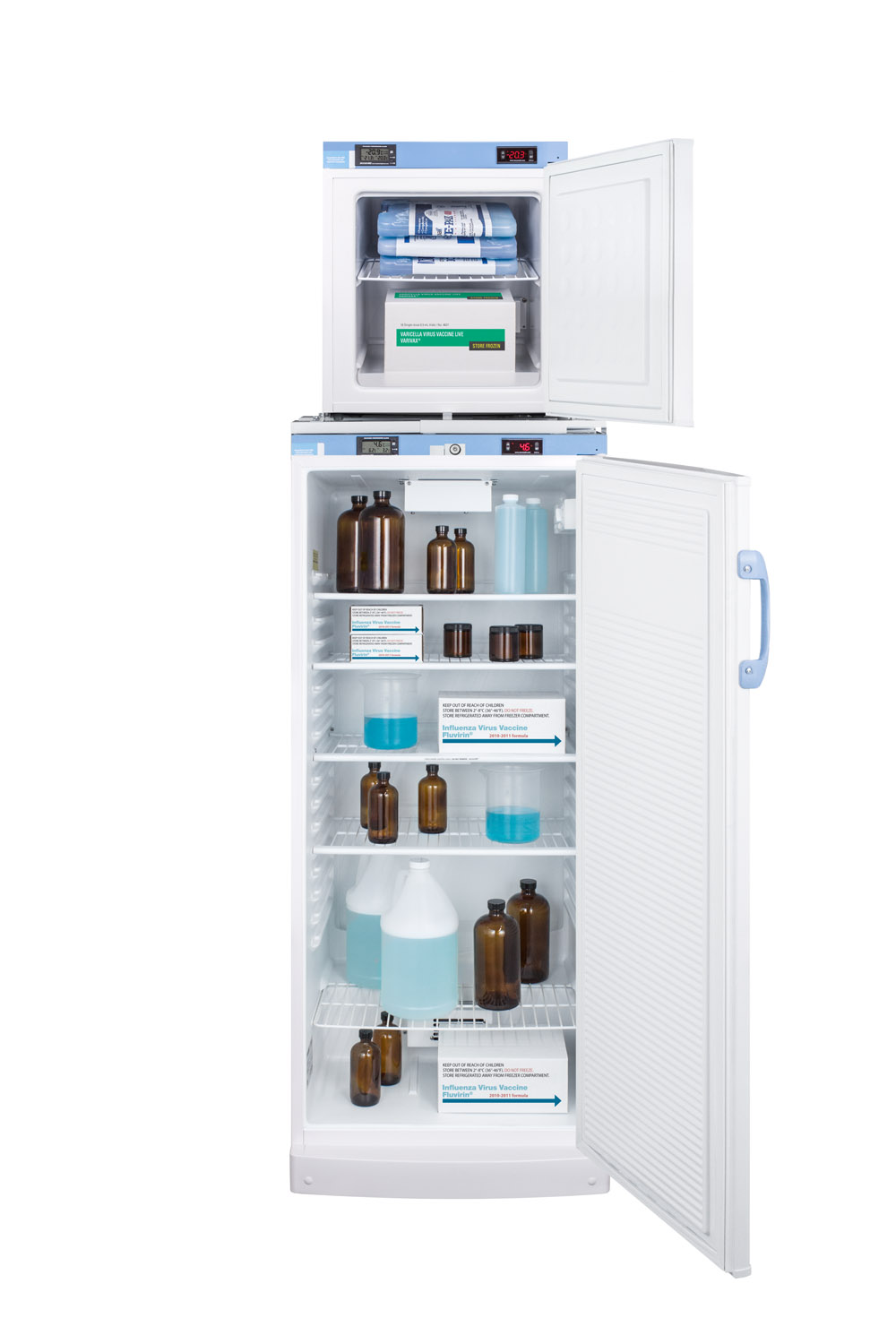 Stacked combination of FFAR10MED2 auto defrost all-refrigerator and FS24LMED2 compact manual defrost all-freezer, both with locks, digital controls, and NIST calibrated alarm/thermometers